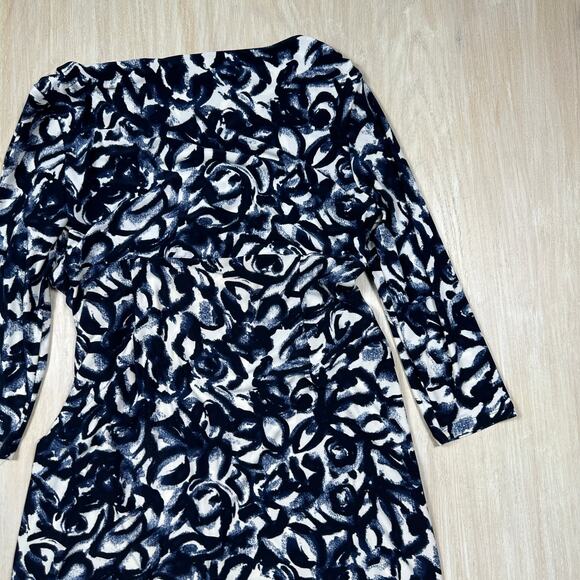 Lauren Ralph Lauren Navy White Abstract Print Ruched 3/4 Sleeve Sheath Dress 16 - Picture 13 of 14